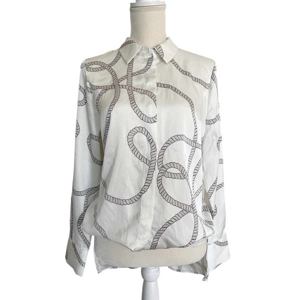 Rachel Zoe Womens White Rope Print Button Up Top Satin Career Office Minimalist